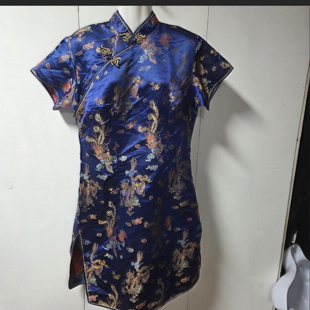 Blue Satin Embroidered Short Qipao Mini Dress